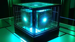 Cube tesseract from movie Loki. Tesseract should not be cropped. Located strictly in the middle of picture with navy blue/green glow inside tesseract. Without surface/table on which it stay.