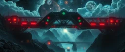 dark bridge space station, portrait of inter-galatic handsome power broker , the first nation, witchcraft, cyberpunk village, sci-fi, strange chrome vessels, volume light from stars through clouds, goa trance poster