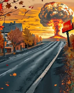 town street with a nuclear explosion in the distance, autumn colors, leaves falling on street, leaves falling in foreground, light source is the nuclear explosion, yellow orange brown pallet, very low vantage point, digital painting