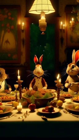 frame from a Wes Anderson film, full shot of the rabbit family at a sober celebration dinner in the Garden of Earthly Delights, small electric light bulbs on the table, birds on the table, grapes hanging, elegant and perfect composition