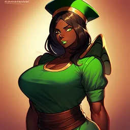 portrait, avatar last airbender, sexy female,dark skin, eathbender,green clothing, green make up, captain hat, short hat