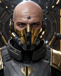 star wars bald male corellian pilot wearing pearlescent black and gunmetal grey First Order special forces heavy assault stealth commando armor and helmet with gold trim inside the jedi temple, hyperdetailed, dynamic lighting, hyperdetailed background, 8k resolution, volumetric lighting, light skin, fully symmetric details