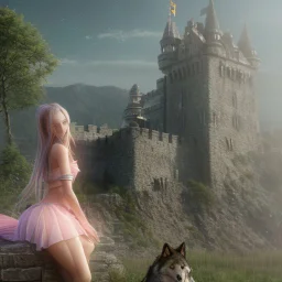 fairy tail castle with beautiful woman and wolf in the foreground