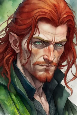 dnd, fantasy, watercolour, large strokes, stylistic, portrait, illustration, dull colours, male, face, narrow long face, weathered face, green eyes, determined, smiling, red hair, very long hair streaming down the shoulders, lush hair, radiating light, five o'clock shadow, elegant, short small mouth