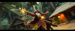 super duper mega rock star fairy thief priest dungeons magician throwing a wild magic spell that performs while flying at high speed through jungle village, background motion blur