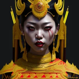 Thai woman, rounded face, blood, black, red, brown, gold, samurai helmet, decorative color feathers, retro, bamboo, leather, soft color, highly detailed, art stations, concept art, smooth, unreal engine 5, god rays, ray tracing, RTX, lumen lighting, ultra detail, volumetric lighting, 3d, finely drawn, high definition, high resolution.