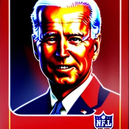 Full view Joe Biden as a football player trading card helmet, NFL logo, fleer