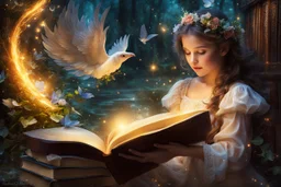 In realms of magic, a girl with eyes of wonder, Finds beauty in books she so fervently ponders, Her thoughts take flight on wings of vibrant dreams, In study's embrace, her mind finds soothing streams. She reads with a passion, each page a delight, Her thinking ignites, in the soft candlelight, A beautiful dance of words, her heart's true yearning, In the pages she finds, a world endlessly turning.