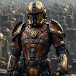 star wars bald male corellian pilot wearing pearlescent black and gunmetal grey First Order special forces heavy assault armor and helmet with gold trim inside the jedi temple, centered portrait, hyperdetailed, dynamic lighting, hyperdetailed background, 8k resolution, volumetric lighting, light skin, fully symmetric details