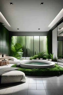 habitación con cama en un hotel minimalista con jacuzzi y mucha vegetación