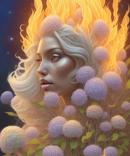 white hydrangea flowers, mandrake roots, mandrake root hands, platinum blonde woman on fire, psychedelic, intricate, elegant, highly detailed, background fire sky, digital painting, artstation, concept art, smooth, sharp focus, illustration, head shot, close up, art by artgerm and greg rutkowski and alphonse mucha, symmetrical eyes, perfect eyes, blue eyes, staring at camera, eye contact