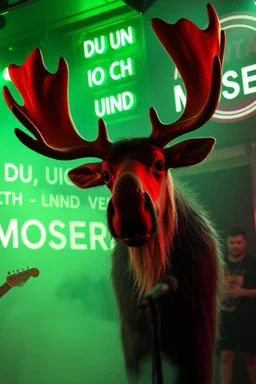An big female moose with big eyes "Veronika Moser" performing at dance club, her name is "Moser" HAIRY FRUITS EVERYWERE On stage, Green Neon lights and smog, "DU UND ICH UND MOSER" and "VERONIKA MOSER" big sign on the wall