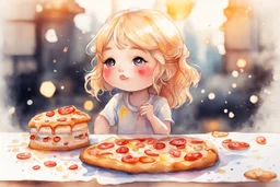 beautiful composition, a blonde chibi girl dreaming about pizza and cake, melting watercolor and black ink outlines on wet paper, soft, shading strokes, in sunshine, ethereal, otherwordly, cinematic postprocessing, bokeh, dof