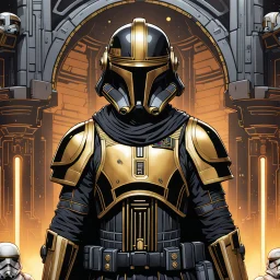 star wars bald male corellian pilot wearing pearlescent black and gunmetal grey First Order special forces heavy assault stealth commando armor and helmet with gold trim inside the jedi temple, hyperdetailed, dynamic lighting, hyperdetailed background, 8k resolution, volumetric lighting, light skin, fully symmetric details