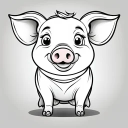 Coloring page, white background, only black and white, cartoon style, smiling pig