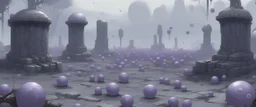 A pale grayish purple graveyard with floating orbs painted by Cai Jia