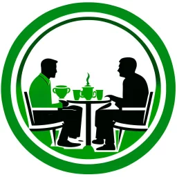 A circular logo with a special green border color, in the center of which are two people sitting around a table drinking coffee, and the cafe light above the table is on, in the space of a special and beautiful cafe.