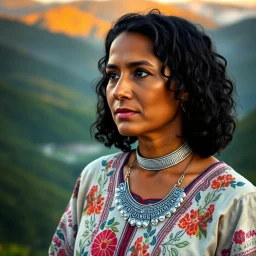 Mujer Retrato fotográfico realista de una mujer adulta de ascendencia latina, con rasgos marcados, piel trigueña, ojos marrón oscuro y cabello negro rizado hasta los hombros. Viste un huipil tradicional bordado a mano con motivos florales y lleva un collar de plata artesanal. Contexto: paisaje natural de montañas verdes al amanecer, con niebla baja y luz dorada. Expresión reflexiva y serena, mirando hacia el horizonte. Iluminación suave, composición centrada, calidad de fotografía profesional.