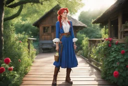 (in the style of Orion, by Masamune Shirow) A naturalistic, rustic photograph capturing a grown-up Pippi Longstocking in her late 30s. She stands confidently on the worn wooden deck of a colorful, slightly bohemian farmhouse resembling Villa Villekulla, nestled within a lush, sun-dappled garden bursting with climbing roses and overgrown greenery. Pippi retains her signature fiery red hair, now styled in two playful, slightly messy pigtails under a knitted beanie, and wears a charmingly cobbled-t