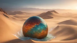 the coast of a desert seen from the top of a dune. dragon eggs on the beach. fantasy, cinematic lighting, hyper realisme, Hyperrealistic, splash art, concept art, mid shot, intricately detailed, color depth, dramatic, 2/3 face angle, side light, colorful background