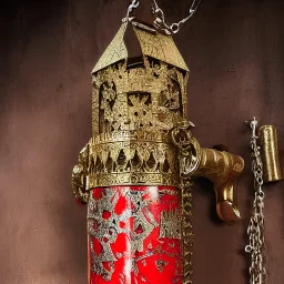 fantasy, digital art, large metal cylinder, object, chains, metallic, dark metal, ruby encrustations, massive, engravings