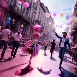 Ultra Realistic photo, medium shot view, drunken dancer women, carnival scene, steampunk. Pink hair, confeti, Sunglasses, smoking, happy, festival, red fog. highly detailed, concept art, unreal engine 5, ray tracing, RTX, lumen lighting, ultra detail, volumetric lighting, 3d, finely drawn, high definition, high resolution.