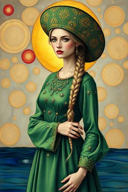 drawing in the style of Gustav Klimt's paintings, a woman in a frog princess costume, two long light braids, a green elegant dress with sleeves in the Russian style, the dress is embroidered with gold and green stones, on the head is a big kokoshnik embroidered with Russian patterns, in the background is an abstract background with imitation of circles on the water, not a realistic style, a fairy-tale style, bright colors, many details, bright light behind the figure of a woman