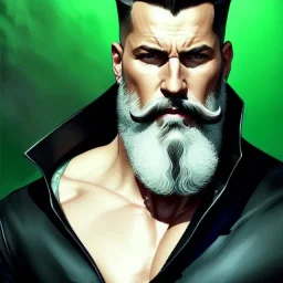 "MIddle aged white human male, with a trimmed but uneven beard, piercing green eyes with slick back hair,complete head and shoulders portrait, 8k resolution concept art portrait by Greg Rutkowski, Artgerm, WLOP, Alphonse Mucha dynamic lighting hyperdetailed intricately detailed Splash art trending on Artstation triadic colors Unreal Engine 5 volumetric lighting Splash art fantasy"