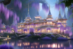 a magical crystal flower wisteria pink gold house palace in the woods, blue lake,sun,white swanns,pink vertical, blue lake,sharp, vines, candlelit, endor, ornate, elegant, highly detailed, artstation, concept art, smooth, sharp focus, illustration, 8k, splash art, wallpaper, key visual