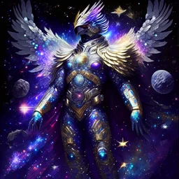 A battle suit made of galaxies and stars with a glove that has seven endless stones,A god-like man with infinite power who owns the galaxies,God-like man with infinite power who owns the galaxies and wears a beautiful crown, a jewel of diamonds and galaxies with weapons riding on a creature with an eagle head and eagle wings and eagle hands