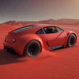 3d rendering. futuristic red car. Buried in desert sand. Lost in Time, cinematic lighting