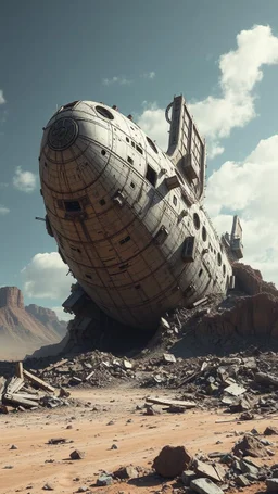 post-apocalyptic, a huge ufo spaceship , it buried and shattered metal around it