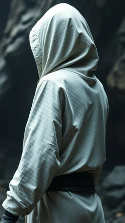 The creature from the the movie Prometheus with white hooded clothes looking behind