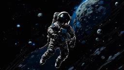 A lone astronaut floating in the inky blackness of space, escaping the confines of a damaged spaceship, stars twinkling in the background.