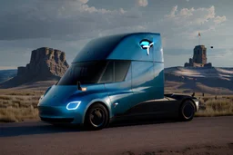 A Tesla 'Semi' (semi truck) is parked, near the 'Devils Tower' in Wyoming. (CINEMATIC, WIDE ANGLE LENS, PHOTO REAL)