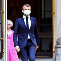 Emmanuel Macron in a pink dress full body photo