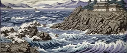 A purple seaside near an ocean designed in ancient Greek pottery painted by Katsushika Hokusai