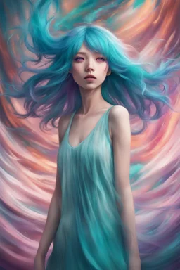 A stunning Anime girl suspended in a kaleidoscope of colors, captured in a photorealistic, cinematic photograph, as if plucked from a dream sequence. Her vibrant turquoise hair flows like a river, contrasting with the muted, earthy tones of her skin, set against a gradient of iridescent pinks and purples, evoking a sense of ethereal mysticism. Soft, cinematic film grain textures the image, infusing it with a sense of nostalgic warmth, as if lit by the flickering lights of a vintage cinema.