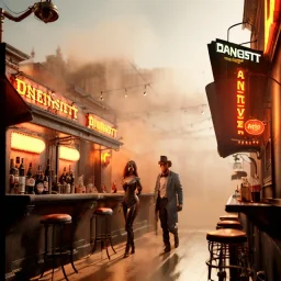 Ultra realistic tarantino bar, party, people background. Danger sweet woman, waist up view. Steampunk style, epic, yellow smoke fog, hottest, highly detailed, concept art, unreal engine 5, god rays, ray tracing, RTX, lumen lighting, ultra detail, volumetric lighting, 3d, finely drawn, high definition, high resolution.