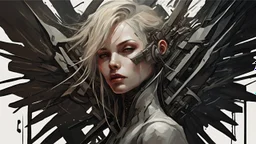 biomechanical women, beautiful, cyberpunk, dusty blonde, short square, large biomechanical black wings, sword, cybernetic, dynamic pose, rain, wind, ashes, flashes of fiery threads, sketch art, fine lines, grunge, sensual, darkness, dark colors, by Raymond Swanland & Alyssa Monks & Anna Razumovskaya