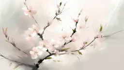 Pintura de flores → Acuarela ligera → Flores de cerezo en rama → Japonés haiku → Simplicidad elegante → Transparencias delicadas → Composición minimalista asimétrica → Iluminación suave y primaveral → Paleta sutil y refinada → Atmósfera poética y efímera → Paleta cromática de rosas pálidos y verdes tiernos → Grado de abstracción medio-alto → Detalle bajo en sugerencia → Textura fluida y ligera → Lenguaje fotográfico minimalista → Calidad narrativa haiku y serena.