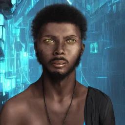 3D render of a cyberpunk tribal young black man, black hair and goatee, on a dark blue jungle background, digital art