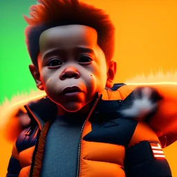 3d render, Willem dafoe toddler, full body, orange puffer jacket, dramatic lighting, volumetric lighting, concert background, hyper realistic, unreal engine 5, 8k, UHD,