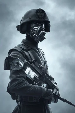 All black German soldier, wearing high tech mask, white smoke, dark, rage, sorrow, high definition, ultra 8 k, volumetric lighting, blue fire, fog