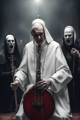papež hraje v blackmetalové kapale na baskytaru, biskup hraje na bicí, kardinál na elektrickou kytaru a jeptiška řve do mikrofonu, ponurá atmosféra, veliký kontrast, hodně detailů, fotorealistické, RAW