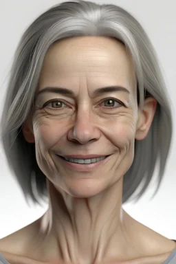 realistic, (49yr old female)without makeup, Caucasian beautiful face, 3/4 head position, dark hair, studio lighting, cinematic light, beautiful woman, milk beige middle hair, perfect anatomy, very cute smile, (head frame), on white background, 8k Resolution, elegant, close to perfection, dynamic, highly detailed, non-symmetrical body a, detailed hairstyles and skin texture