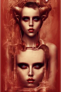 Danish singer MØ face,Abstract steampunk, red tones,