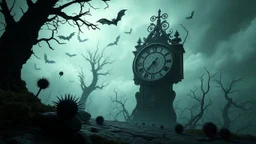 surreal dreamlike scene, nightmare on eart and in sky, midnight in the garden of death, some small black prickly balls on the earth and on sky, mystic gloomy, surreal dark shadows and pale light, stones, cracked eart, dark winter-like vibe, dark weird shapes floatings ,come strom , dark green moss, weird tall dark musroom, bats on sky, branch on eart,deep dark colors, dark twisting tendrils around big clock ,Clock Midnight, wind, fog, detailed, cinematic, Unity R