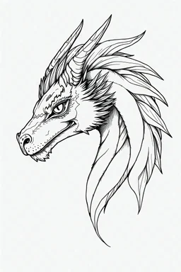 dragon head with mane of fur line art side view realistic