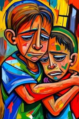 a girl hug her brother and both crying sadly, expressionism, Pixar style, in abstract art Basquiat, Picasso, Miro, Kandinsky, Klee, Birell, Fairey, Ardon, Buffet aand Picasso style, HD --s 750 --v 5.1 --style raw, water color